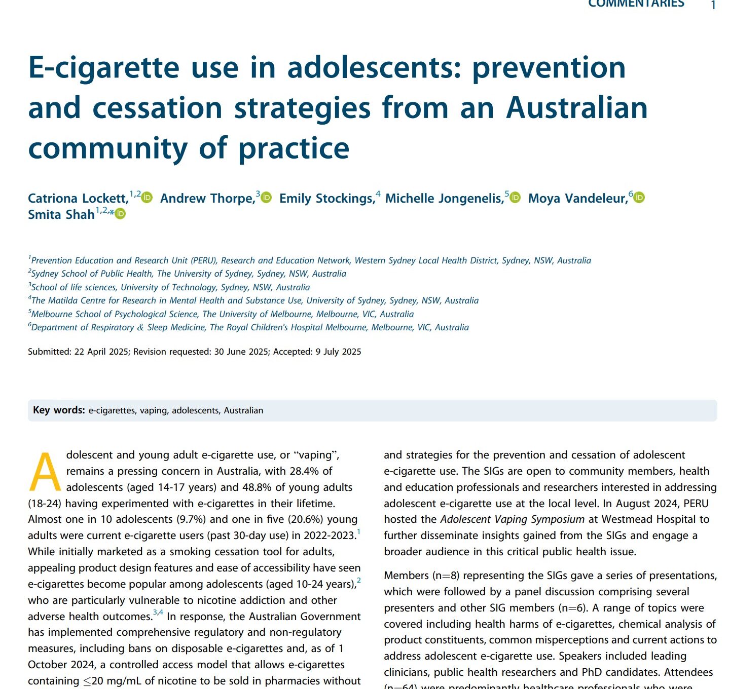 E-cigarette use in adolescents: prevention and cessation strategies from an Australian community of practice