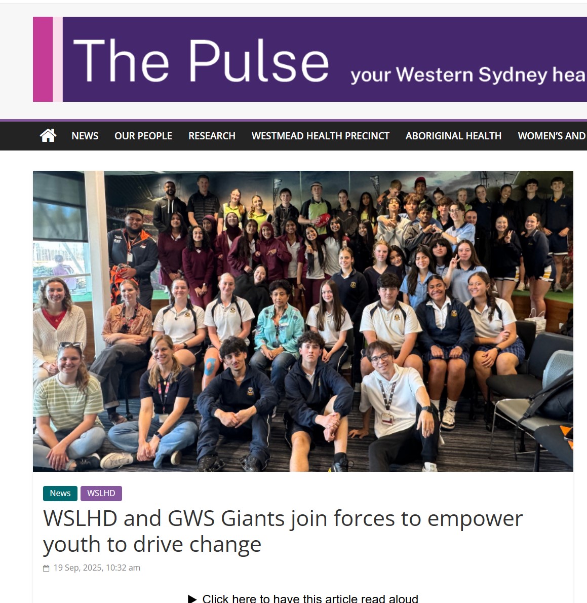 WSLHD and GWS Giants join forces to empower youth to drive change