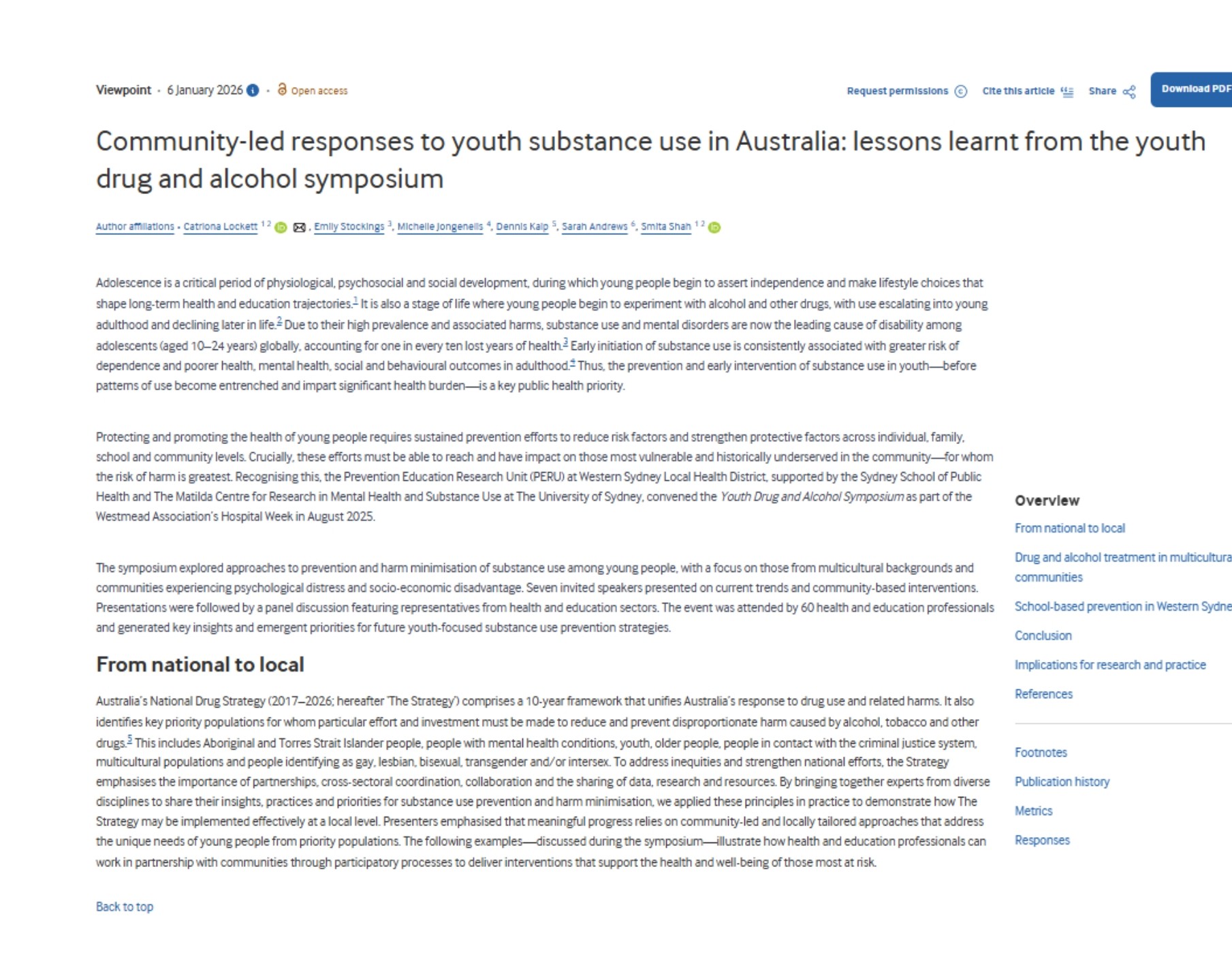 Community-led Responses to Youth Substance Use in Australia: Lessons Learnt From the Youth Drug and Alcohol Symposium