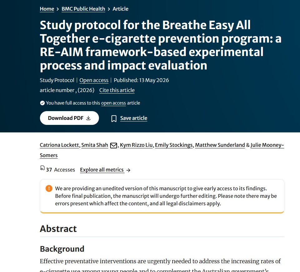 Study protocol for the Breathe Easy All Together e-cigarette prevention program: a RE-AIM framework-based experimental process and impact evaluation